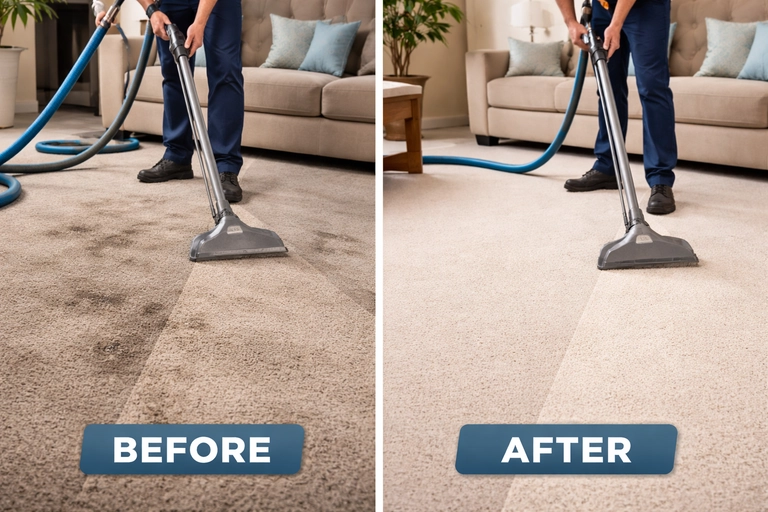 Professional Carpet Cleaning Services -in Calgary, Alberta Before and after carpet cleaning in a Calgary living room showing heavy soil removal and brighter, freshly cleaned carpet.