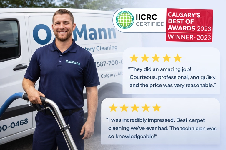 Expert Deep Cleaning Of Carpets OxiMann Calgary carpet cleaning technician standing beside branded van with trust badges and customer review highlights.
